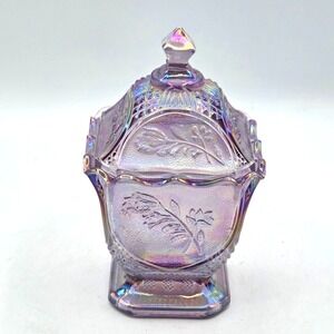 L.E. Smith Rose in the Snow Purple Iridescent Covered Candy Dish w Lid VINTAGE